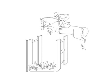 Equestrian sport, show jumping, a athlete on a horse jumps over a high obstacle, a linear sketch for coloring bookのイラスト素材