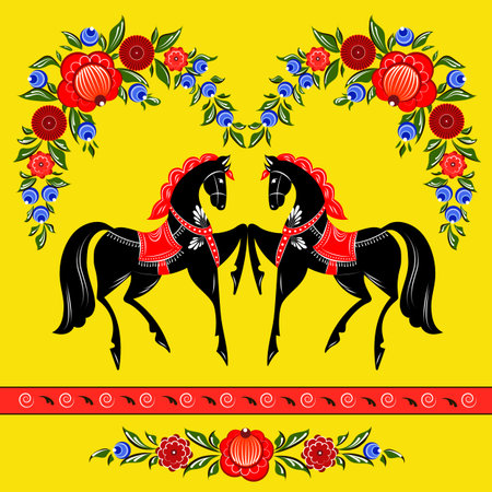Illustration with flowers and horses in the Russian traditional style Gorodets on isolated yellow background.のイラスト素材