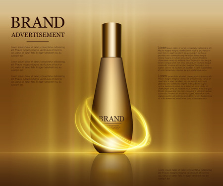 Droplet bottle mockup isolated on dazzling background. Golden foil and bubbles elements. 3D illustration.のイラスト素材