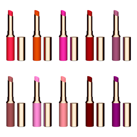 Set of color lipsticks. Red lipstick, pink lipstick, orange lipstick, wine lipstick.Red lipstick set isolated on white background, RGB vector created with gradient meshのイラスト素材