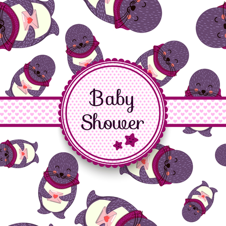 Seamless invitation pattern with cute sea lion designのイラスト素材