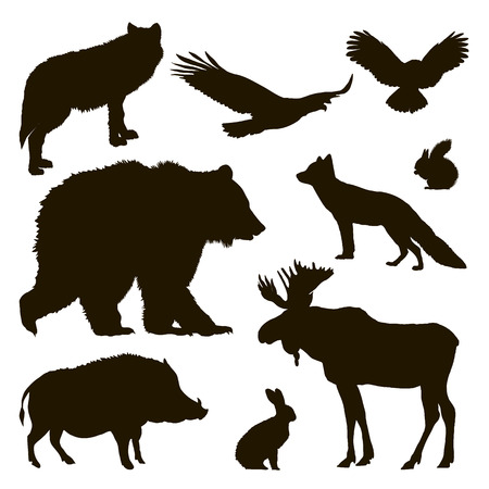 silhouettes of forest animals, wolf, bear, fox, owl, eagle wild boar squirrel rabbit elkのイラスト素材