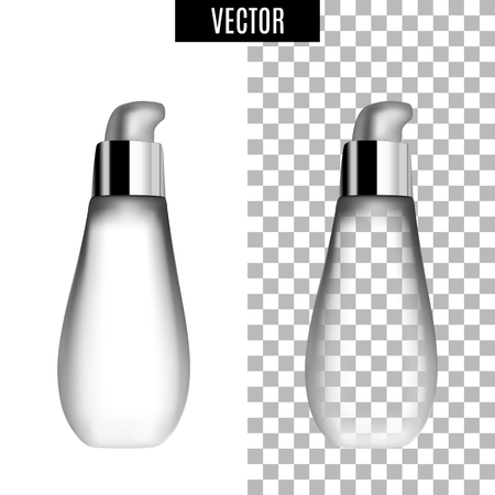 3d white realistic cosmetic package icon empty tubes on transparent background vector illustration. Realistic white plastic bottle for cream liquid soap with a pump.のイラスト素材