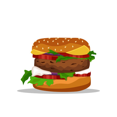 Vector drawing of hamburger with cheese, tomatoes, chop, lettuce, onion, cucumber in flat cartoon style. Illustration for design fast food menu.のイラスト素材