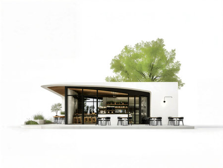 Modern minimalist cafe building with curved roof, glass facade and outdoor seating surrounded by greenery on white backgroundの素材