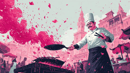 Creative illustration of a chef flipping food in a pan at a vibrant street market with pink smoke dynamic motion and artistic cultural atmosphereの素材