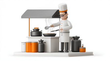 Cute 3d illustration of a chef cooking at a small street food stall with minimal design clean shapes and friendly modern atmosphereの素材