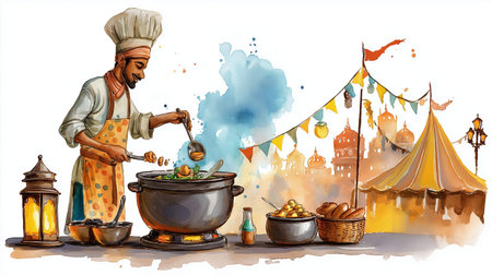 A vibrant watercolor illustration of a street food chef preparing a hearty dish at an outdoor market. The chef, dressed in traditional attire and a tall hat, carefully stirs a large pot filled with fresh vegetables and spices, while colorful festival flags, lanterns, and tents decorate the background. Warm tones, soft brushstrokes, and splashes of paint create a lively atmosphere that captures the spirit of street cuisine, cultural celebration, and handcrafted cooking traditions.の素材