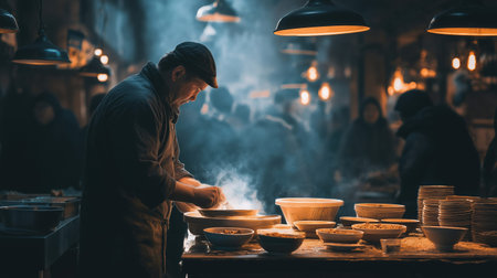 Cinematic scene of a street food chef preparing a hot meal indoors with dramatic steam warm lights and intense focused atmosphereの素材