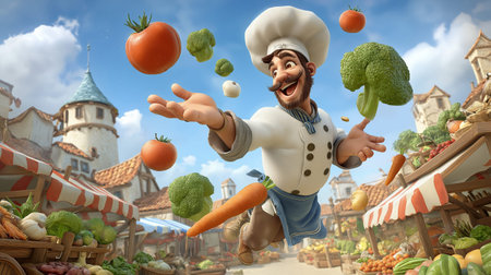 A cheerful 3D-style illustration of a playful chef joyfully tossing fresh vegetables in the air at a vibrant outdoor market. Tomatoes, broccoli, carrots, and garlic float around him as he smiles mid-jump, surrounded by colorful market stalls and charming old-town architecture. The scene captures creativity, motion, and the joy of cooking with fresh ingredients in a whimsical, family-friendly atmosphere.の素材
