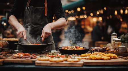 Chef cooking fresh food at an outdoor market with sizzling pans steam and rustic street food atmosphereの素材