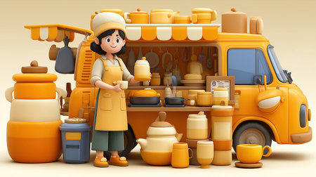 Cute 3d illustration of a street food chef standing near a yellow food truck with cookware jars and warm friendly atmosphereの素材