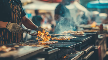 A street food chef sears burger patties over an open grill, flames rising as smoke drifts through a busy outdoor market. Wearing protective gloves and an apron, the cook uses metal tongs to control the fire, creating a dramatic, high-heat grilling scene that captures the energy, aroma, and intensity of live street cooking.の素材