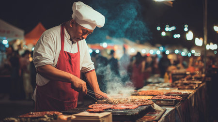 A street food chef works late into the night, grilling meat over open flames at a bustling outdoor market. Dressed in a white chef's hat and a red apron, he carefully turns the food as smoke rises into the warm glow of hanging lights. In the background, blurred crowds and colorful stalls create a lively atmosphere, capturing the energy, heat, and aromas of nighttime street cuisine.の素材