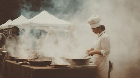 Vintage style scene of a chef cooking at a traditional outdoor market surrounded by steam tents and calm focused atmosphereの素材