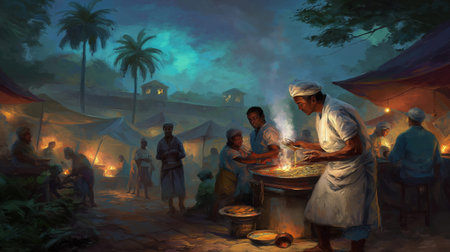 Night street food scene with chef cooking noodles at an outdoor market surrounded by people warm firelight and tropical atmosphereの素材