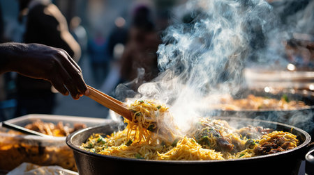 Steaming noodles cooked at a busy outdoor street food market with dramatic smoke rich textures and authentic Asian atmosphereの素材