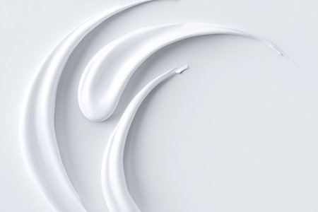 Minimal white face cream strokes forming elegant curved shapes on clean background, abstract skincare composition symbolizing purity hydration and modern cosmetic aestheticsの素材
