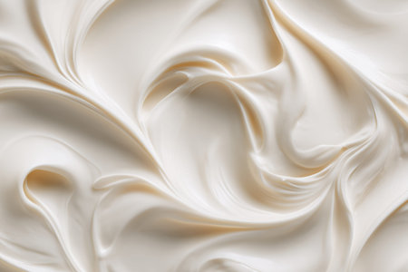 Elegant white face cream texture with soft flowing waves, minimal abstract skincare background conveying hydration purity and premium cosmetic softnessの素材