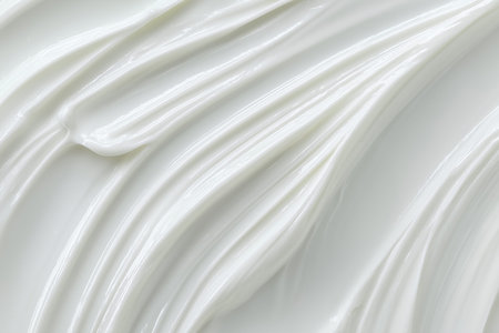 Silky white face cream texture with elongated glossy strokes, minimal abstract skincare background expressing hydration purity and premium cosmetic smoothnessの素材