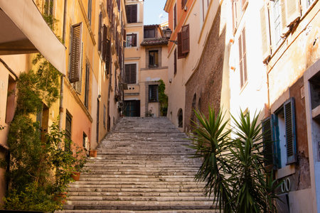 Typical vintage Italian street with ivy plant hanging off the walls and staircase.