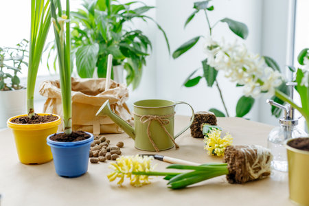 Gardening tools and flowers in pots on table near window.の写真素材