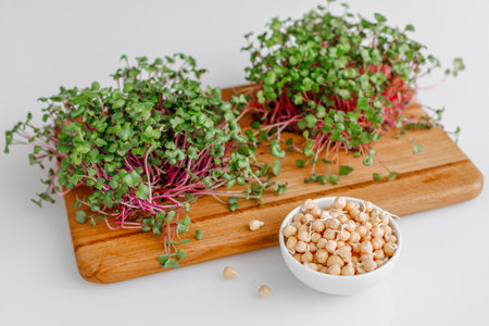 Fresh microgreens with chickpeas on wooden board on white backgroundの写真素材