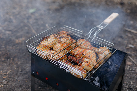 Barbecue with delicious grilled chicken legs on grill. outdoor picnic.の写真素材