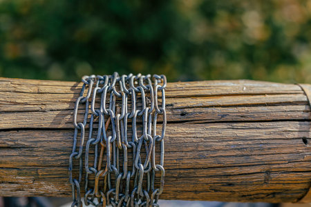 Close up of a chain on a wooden fence.の写真素材