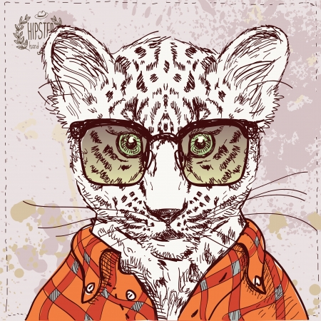 Vector hipster leopard with glasses and suit in vector on vintage textured paper background, hand drawn sketchy illustrationのイラスト素材