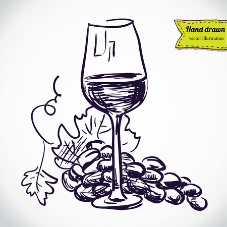 cluster of grapes, wine glass, vector sketchy illustrationのイラスト素材