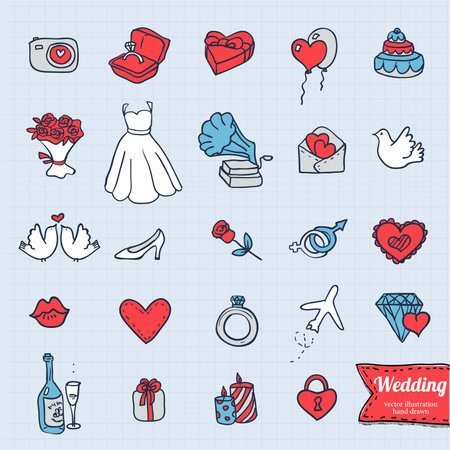 hand drawing doodle icon set, wedding sketchy illustration on grunge background.のイラスト素材