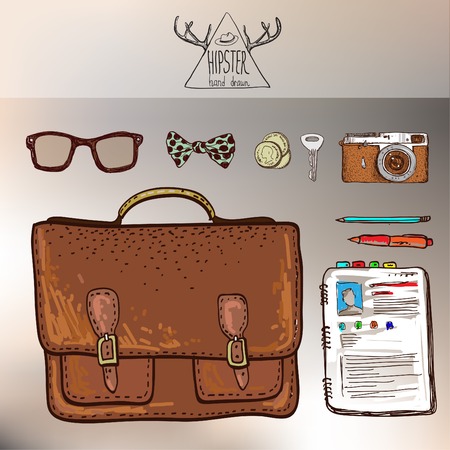 design concept vector illustration of every day carry and outfit accessories, things, tools, devices, essentials, equipment, objects, items. Icons collection in stylish colors. Man workspaceのイラスト素材