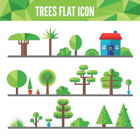 set of flat trees and grass including pine and deciduous treesのイラスト素材
