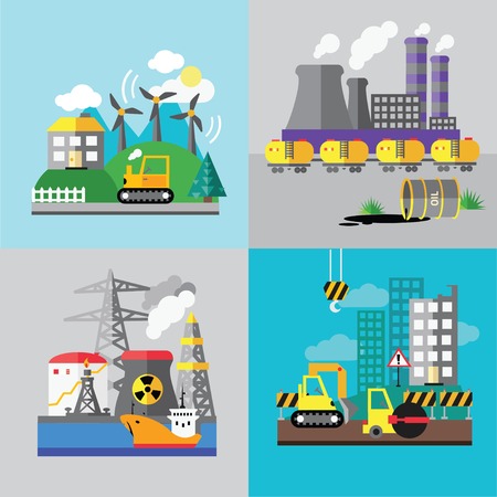 Factory landscape, Ecology Concept - industry factory. Ecology Concept Vector Icons Set for Environment, Flat style vector illustration.のイラスト素材