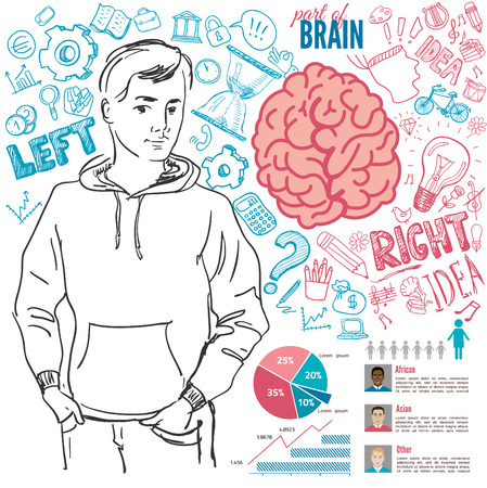 Creative brain Idea. Vector concept. Textured background. Sciences and arts. Back to school icons. Left and right brain functions.のイラスト素材