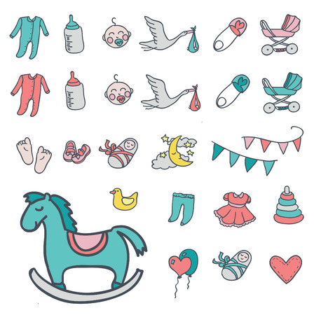 Baby icon set, vector illustration hand drawn in doodlesのイラスト素材