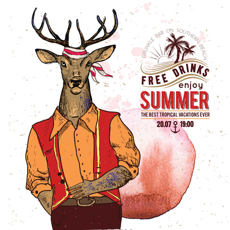 Illustration of pirate deer on textured background in vector. Watercolor elementのイラスト素材
