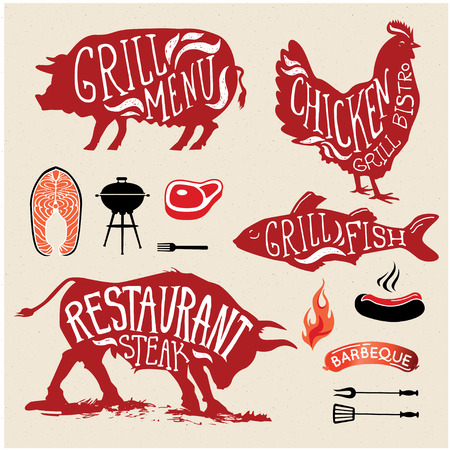 Illustration Grill Menu Labels Set of in Flat Design Style.のイラスト素材