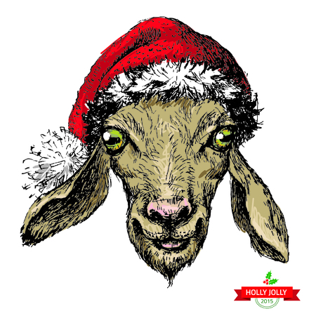Merry Christmas and Happy New Year card with watercolor portrait of hipster goat. Hand drawn vector illustrationのイラスト素材