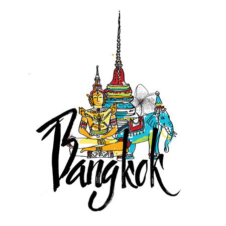 Temple of the emerald Buddha in Bangkok,Thailand Logo symbol flat design art. Hand drawn elementのイラスト素材