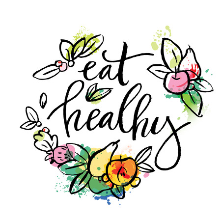 Eat healthy - motivational poster or banner with hand-lettering phrase eat healthy on green background with trendy linear icons and signs of fruits and vegetables - vector illustration. Lettering with watercolor elements.のイラスト素材