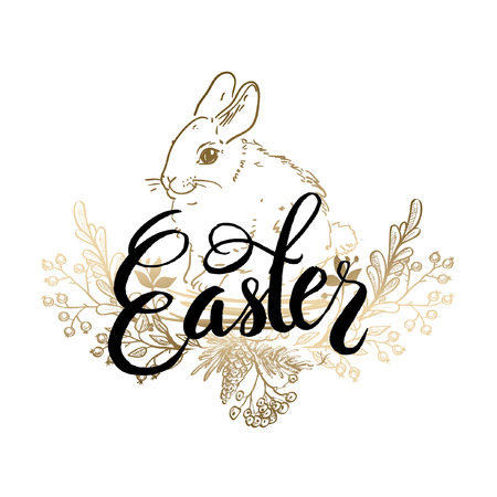 Happy Easter. Lettering typography poster. Hand drawn with rabbit illustration - vectorのイラスト素材