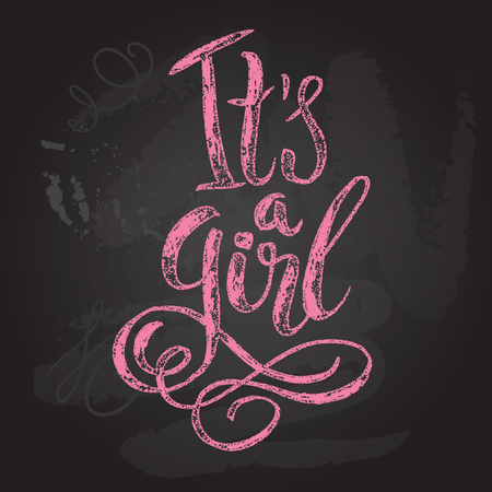 Vector watercolor pink sticker with gold foil. Calligraphy lettering Its a girl.のイラスト素材