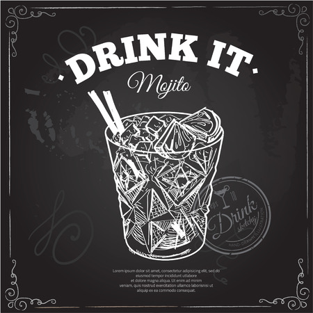 Cocktail with cola and limes isolated on chalkboard typographic backgroundのイラスト素材