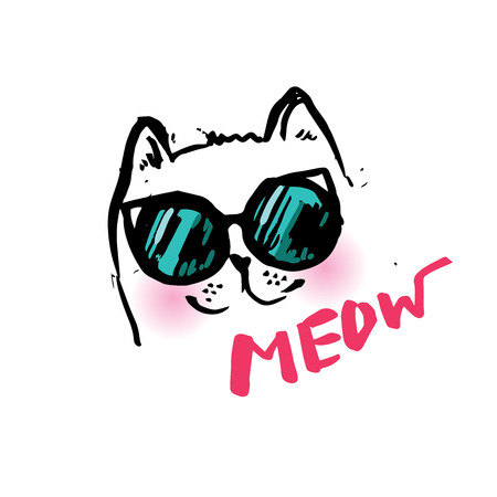 cat cute in glasses illustration/T-shirt Graphics/Hand drawn lettering Meowのイラスト素材