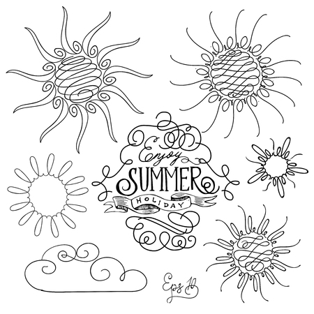 Vector set of different suns isolated, hand drawn illustrationのイラスト素材