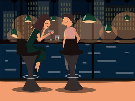 A guy and a girl on a date are chatting in the bar, enjoying a pleasant evening and drinking delicious drinks.のイラスト素材
