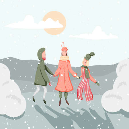 Girls are jumping in a round dance and enjoying snowy winter.のイラスト素材