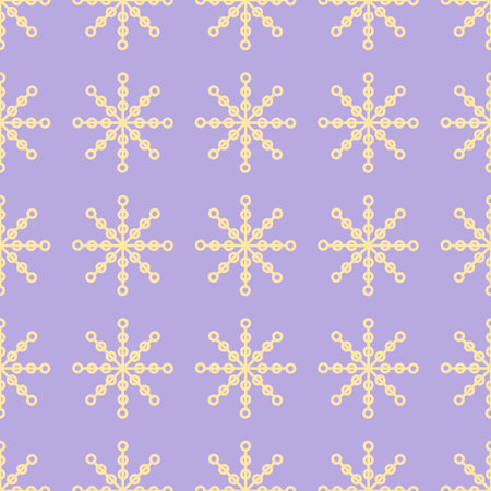 Purple seamless pattern with simple yellow snowflakes for Christmas and New Year design, wrapping...